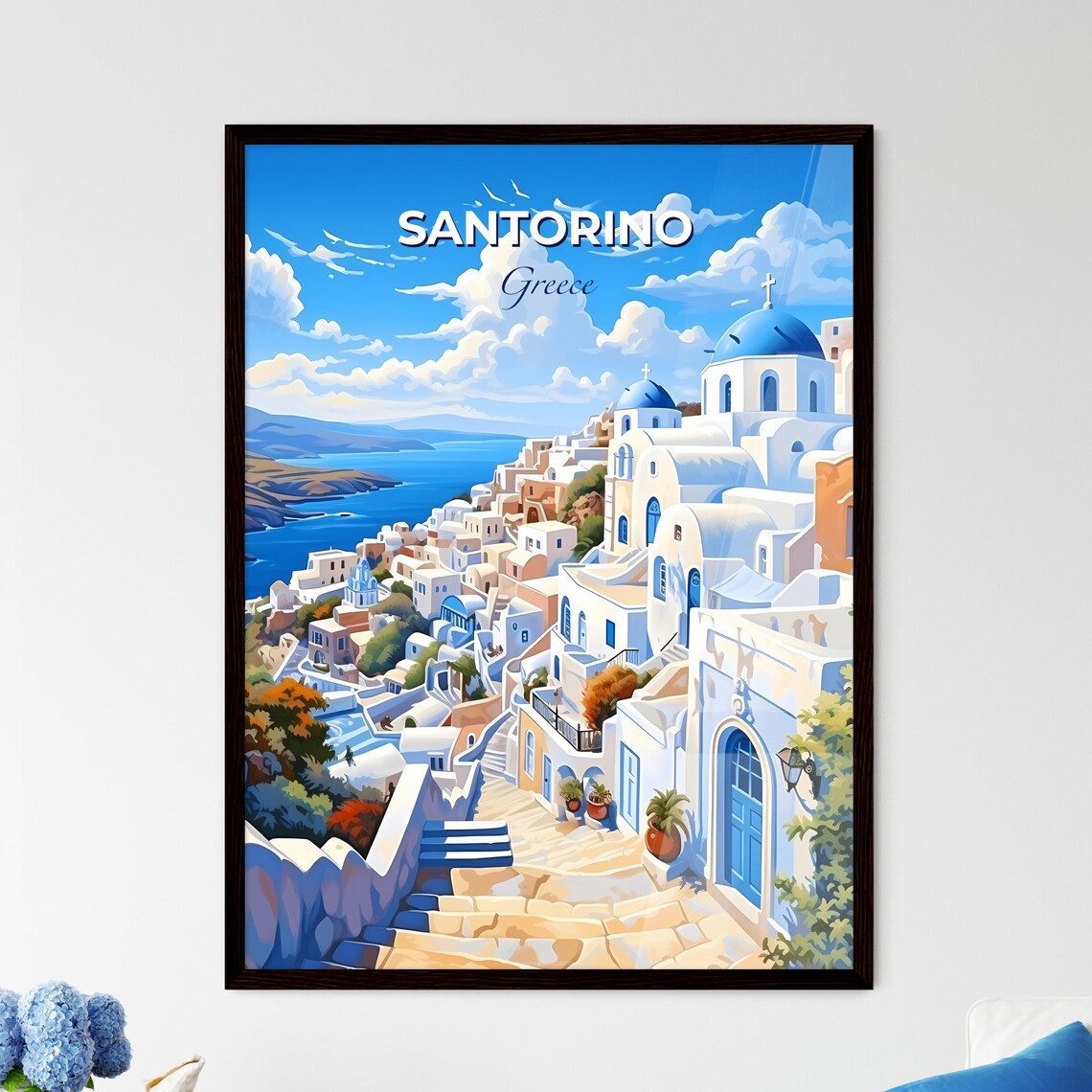 Santorino Greece Blue Domes White Village Cliffside Travel Poster