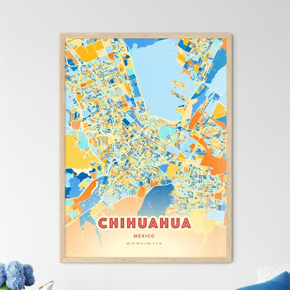 Chihuahua Mexico Colorful City Map Art Poster Blue And Orange Street Grid