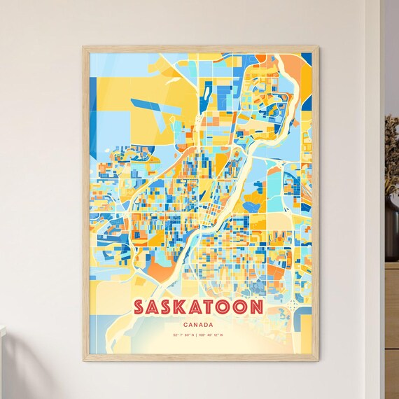 Saskatoon Canada Colorful Blue Orange City Map Art Poster Gift