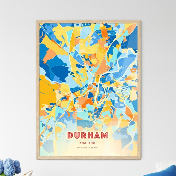 Durham England Colorful Blue and Orange Retro City Street Map Wall Art