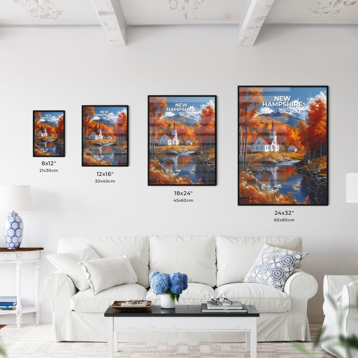 New Hampshire Autumn Church River Fall Foliage Painting Poster - Image 3