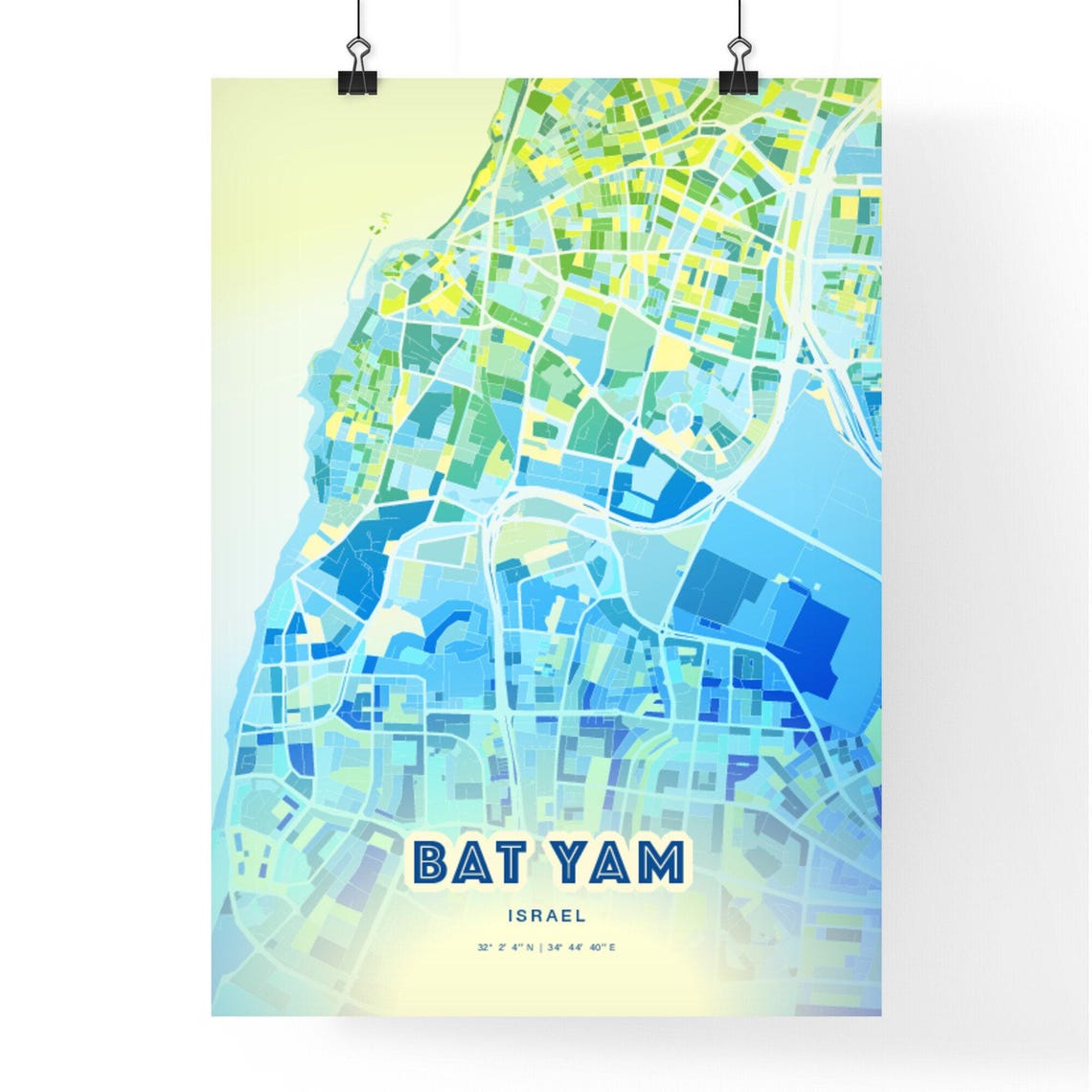 Bat Yam Israel Bluish Watercolor City Map Art Poster Wall Decor - Image 3