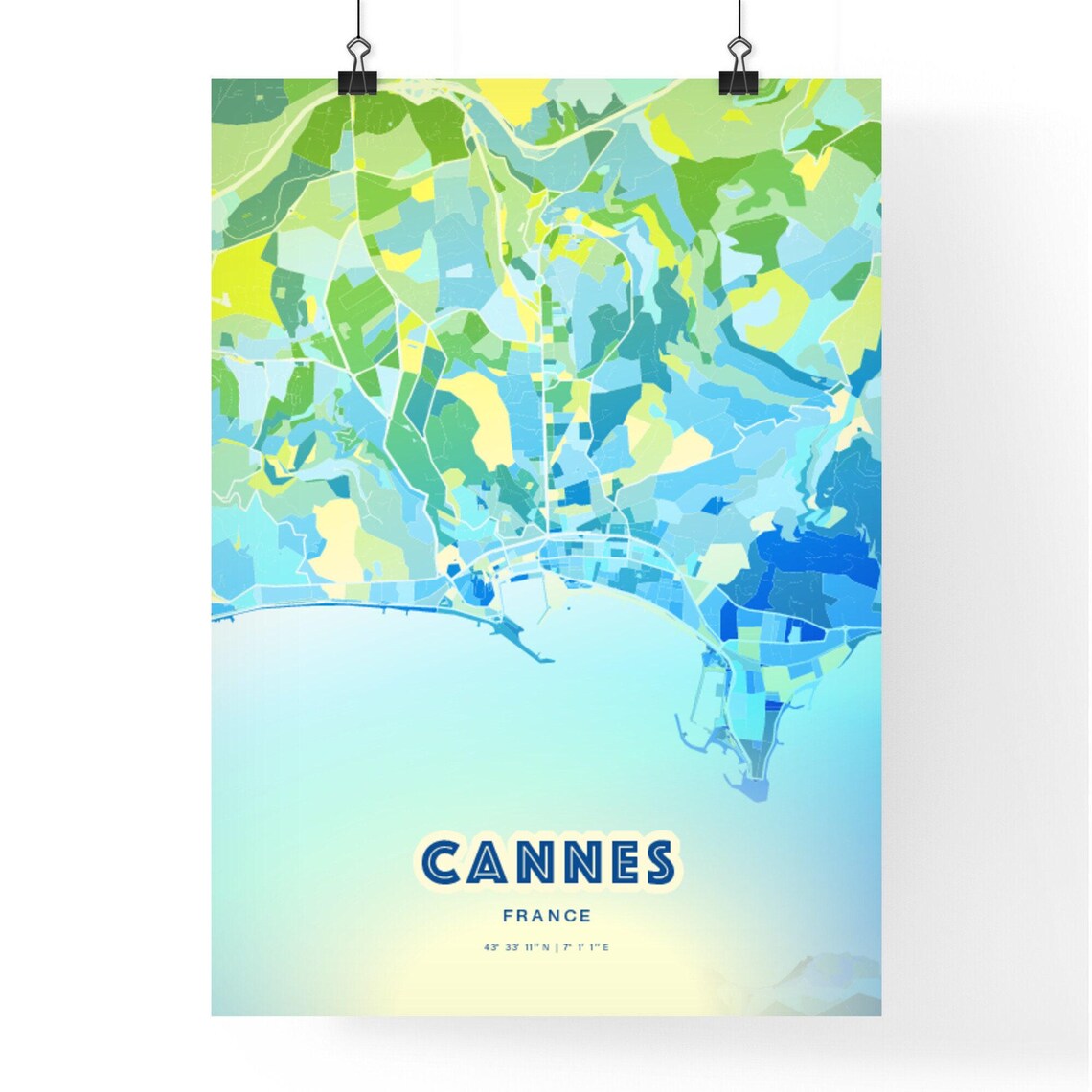 Cannes France Blue Green Expressive Coastal City Map Art Poster - Image 2