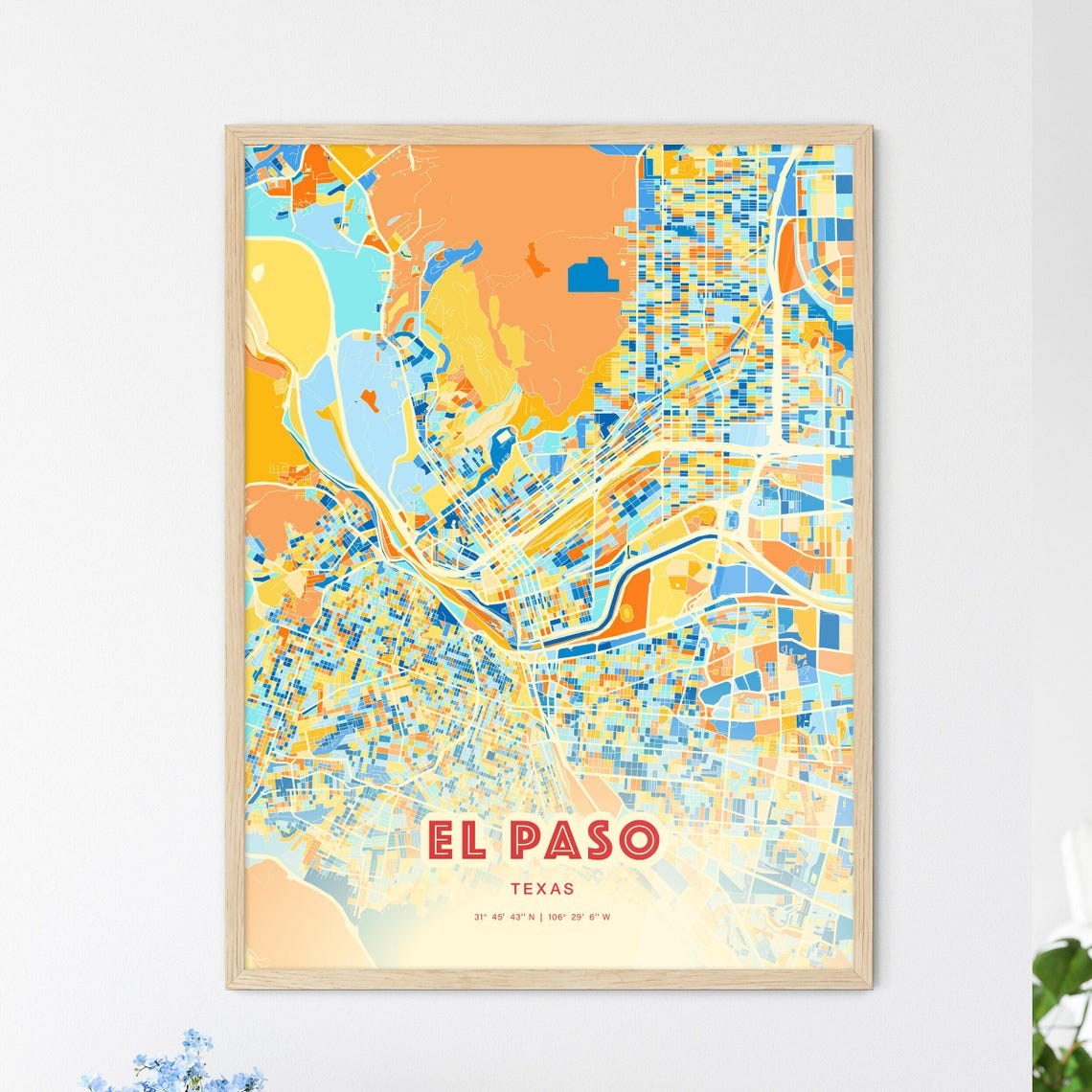 El Paso Texas Colorful Blue Orange City Street Map Coordinates Poster