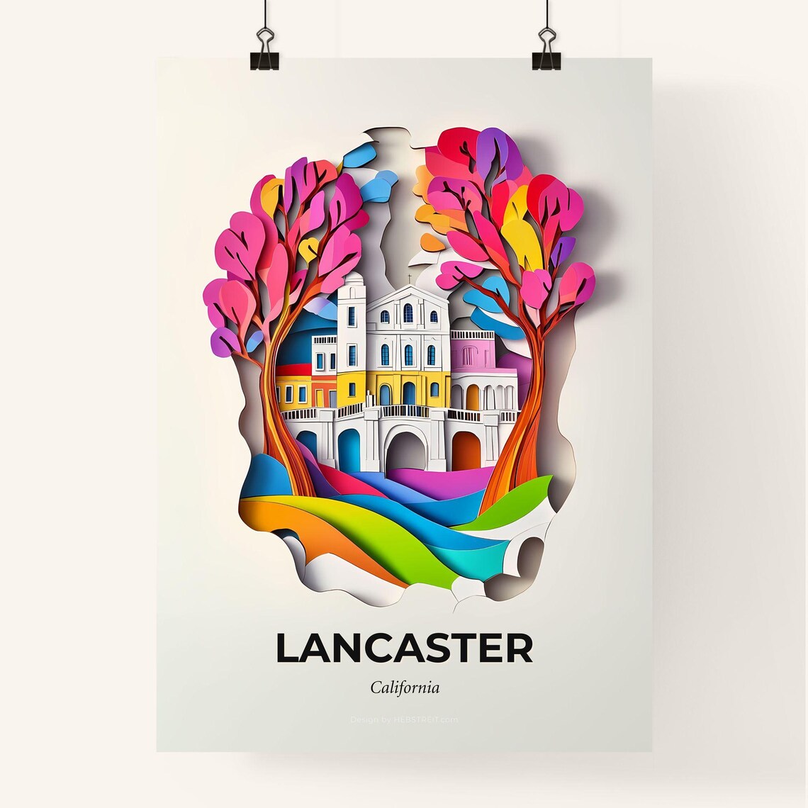 Lancaster California Colorful Paper Cut Mission Building Travel Poster - Image 4