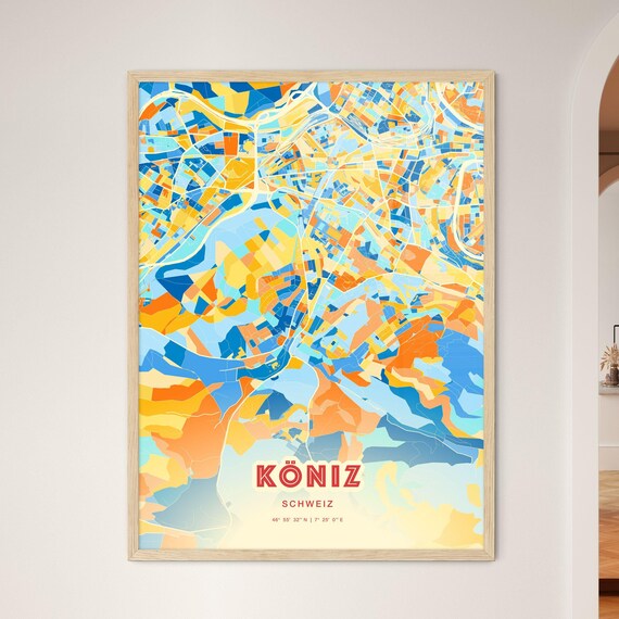 Koniz Switzerland Colorful City Map Poster Blue Orange Artistic Wall Decor