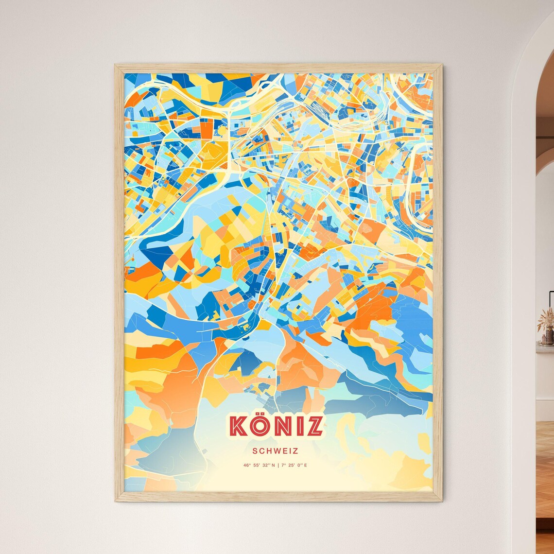Koniz Switzerland Colorful City Map Poster Blue Orange Artistic Wall Decor