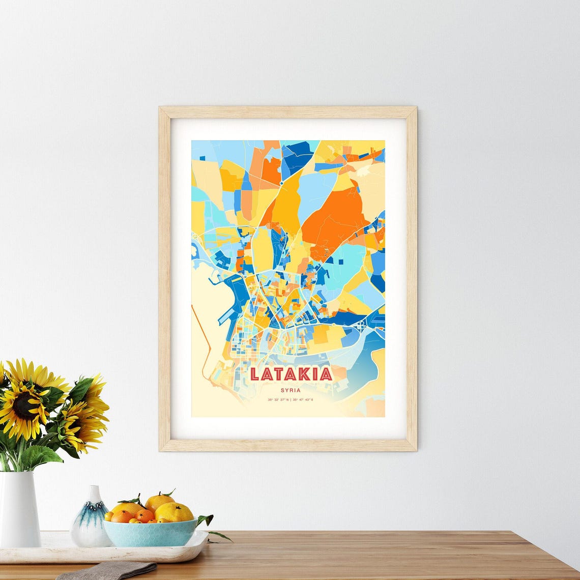 Latakia Syria Elegant Pastel Blue and Orange Fine Art Map Print - Image 2