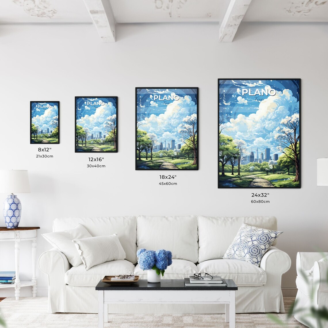 Plano Texas Travel Poster Park Path Skyline Spring Blossoms Illustration Art - Image 3