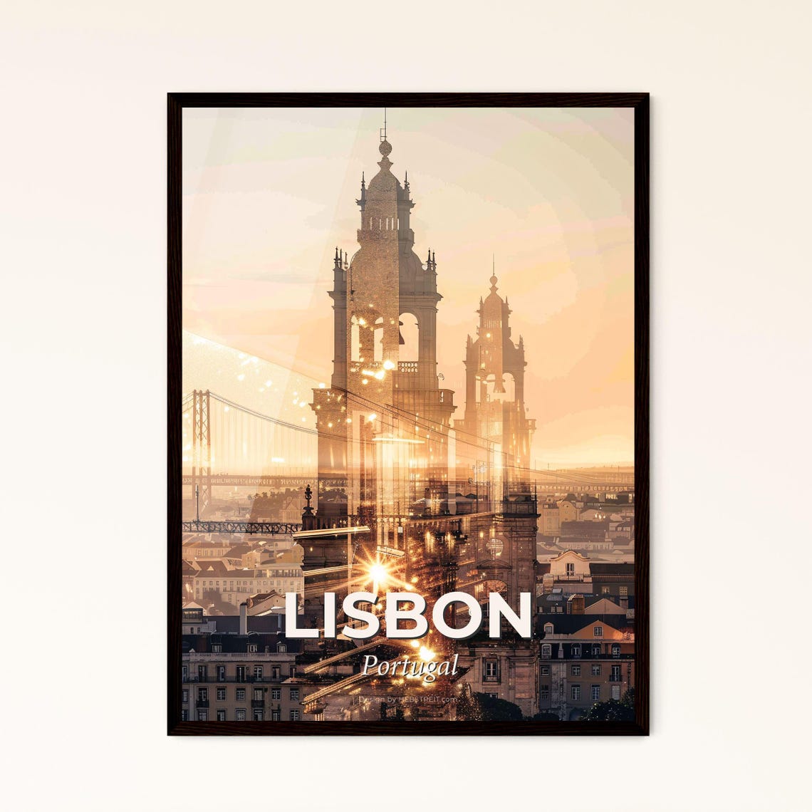 Lisbon Portugal River Bridge Cathedral Golden Skyline Poster