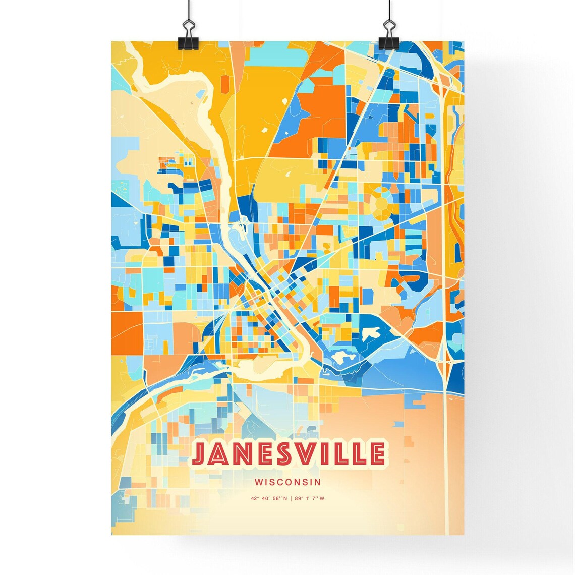 Janesville Wisconsin Colorful Blue and Orange Retro City Street Map Wall Art