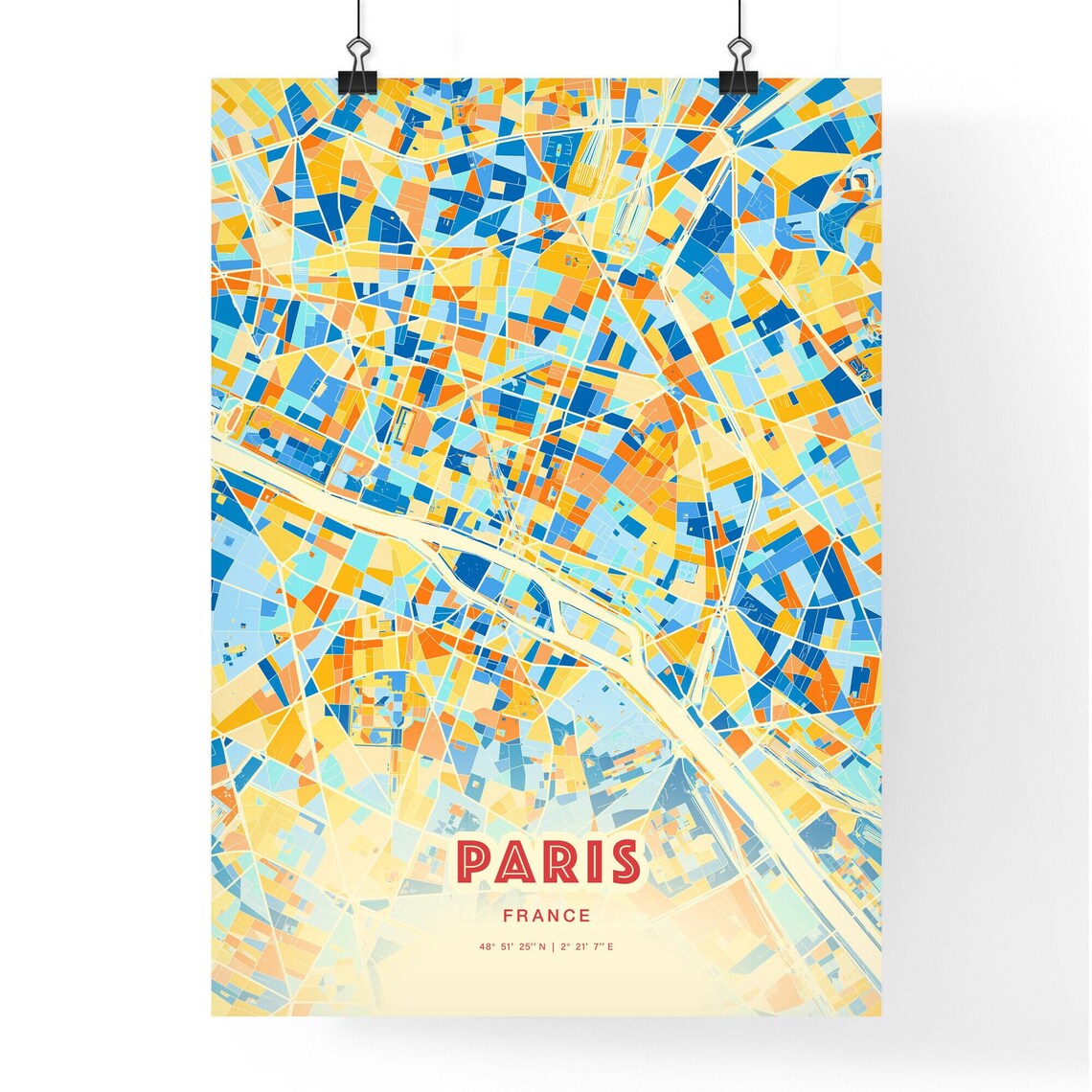 Paris France Colorful Blue and Orange City Street Map Art Poster - Image 3