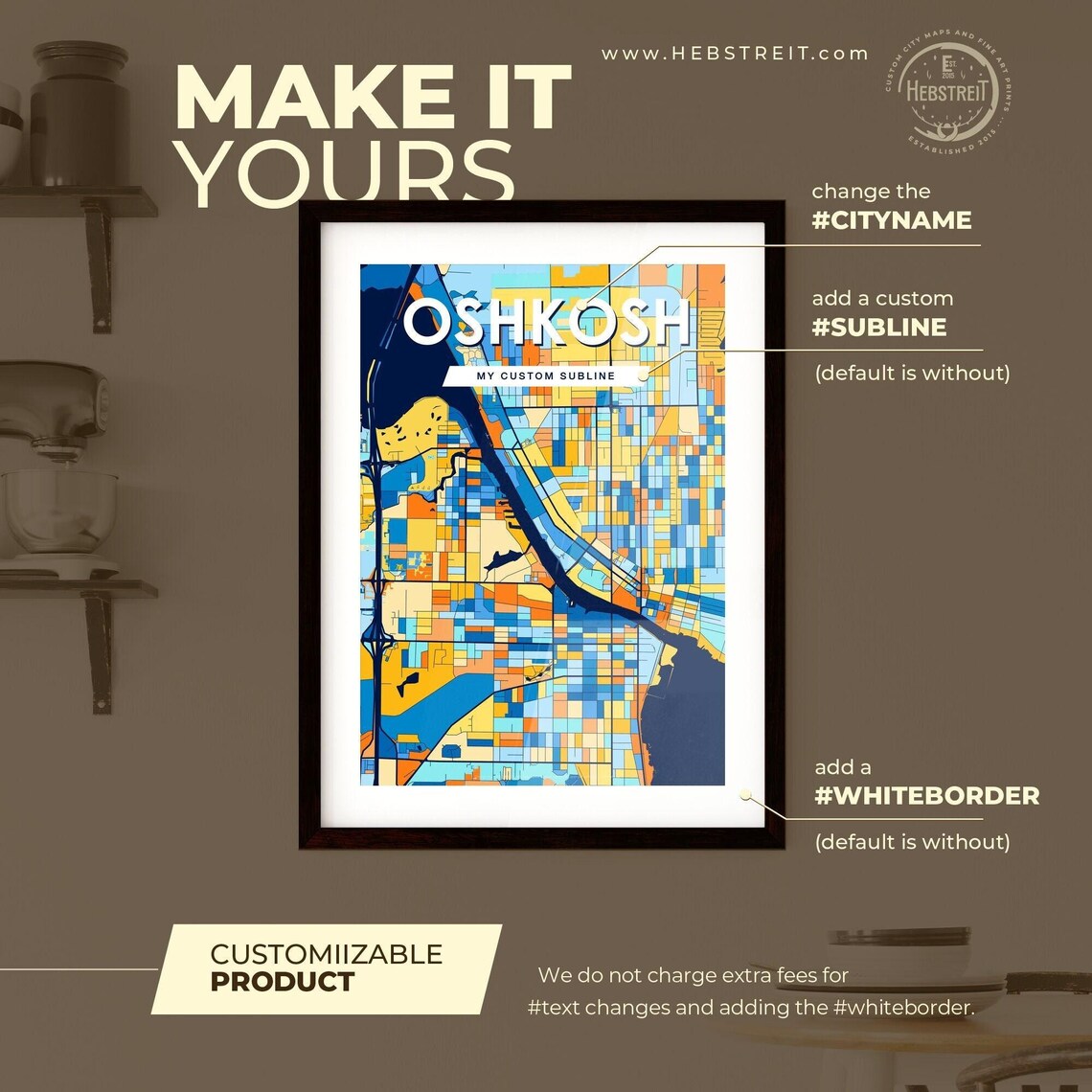 Oshkosh Wisconsin Colorful Blue Orange City Map Mosaic Poster - Image 2