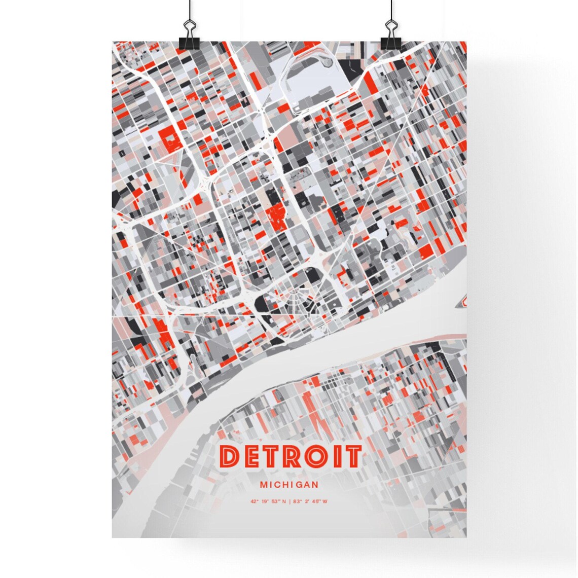 Detroit Michigan Modern Red Gray Expressive City Map Poster Customizable - Image 3