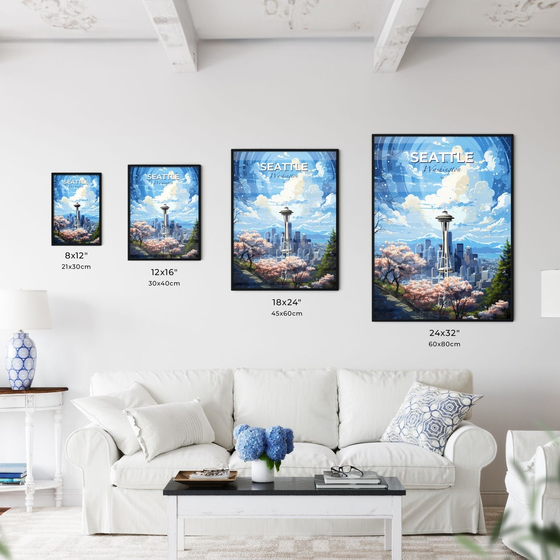 Seattle Washington Space Needle Cherry Blossoms Skyline Poster - Image 3