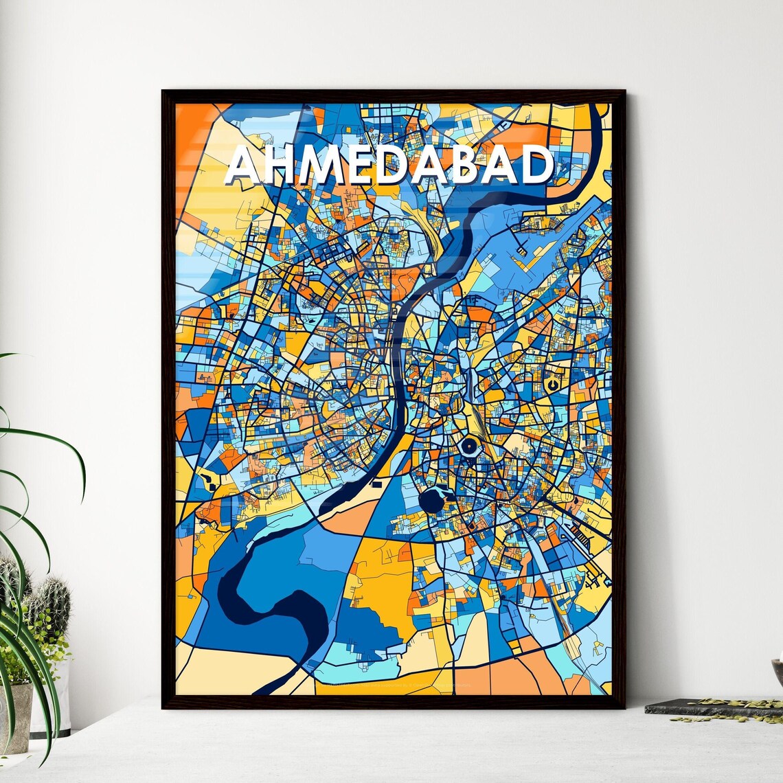 Ahmedabad India Stylish Vibrant Blue and Orange Mosaic City Map Poster