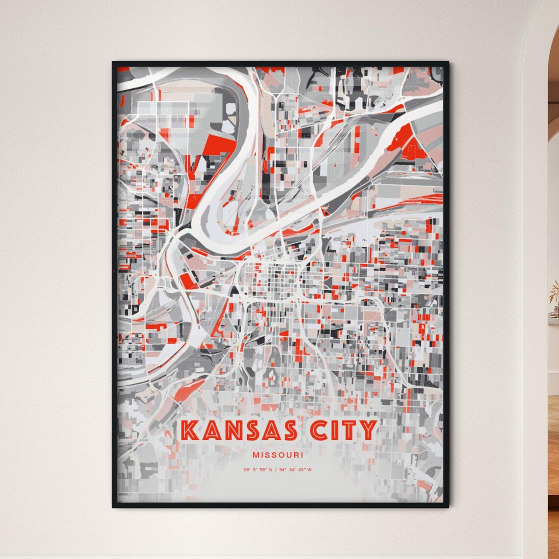 Kansas City Missouri Expressive Red Abstract City Map Art Poster