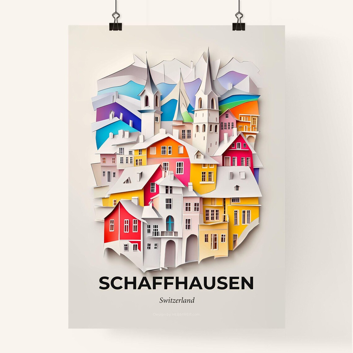 Schaffhausen Switzerland Alpine Town Churches Paper Cut Art Poster - Image 4