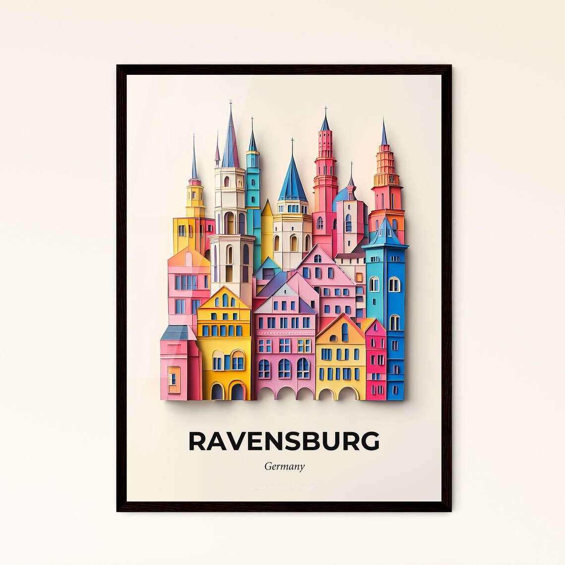 Ravensburg Germany Colorful Paper Cut Towers Skyline Travel Poster
