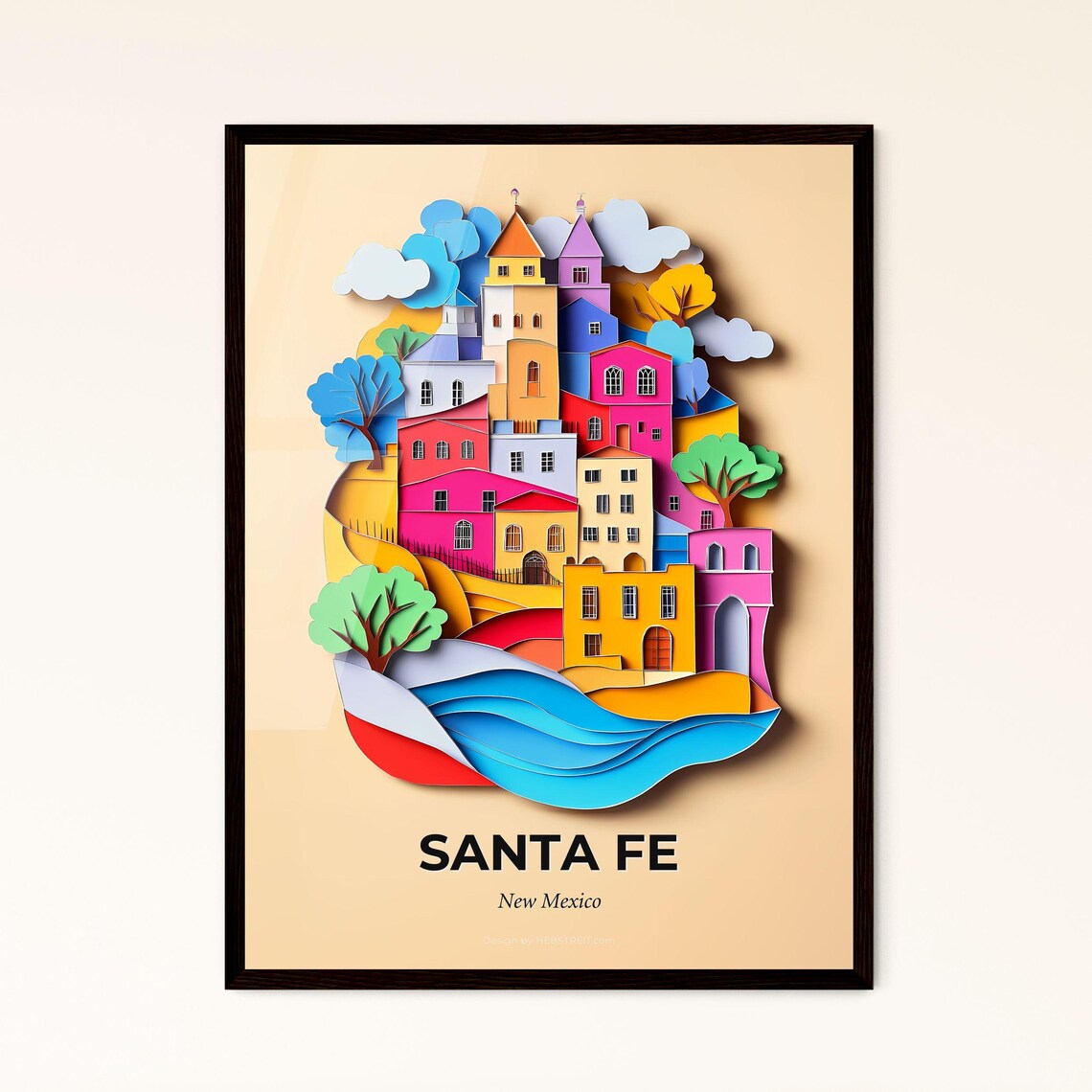 Santa Fe New Mexico Adobe Old Town Paper Cut Travel Art Poster