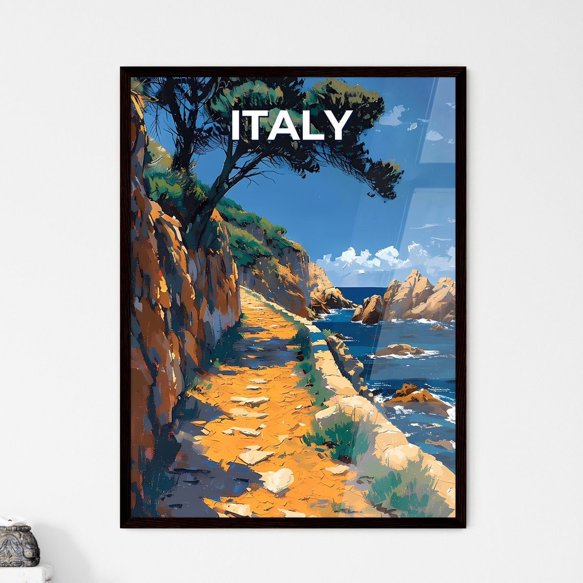 Italy Coastal Cliff Path Rocky Shore Pine Tree Vintage Travel Poster