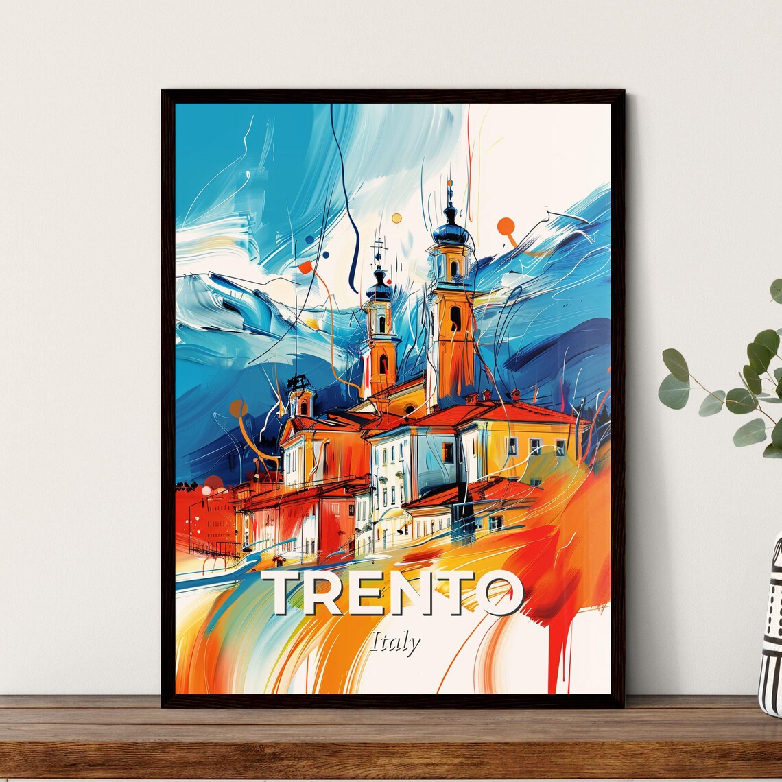 Trento Italy Colorful Abstract Church Towers Alpine Art Poster