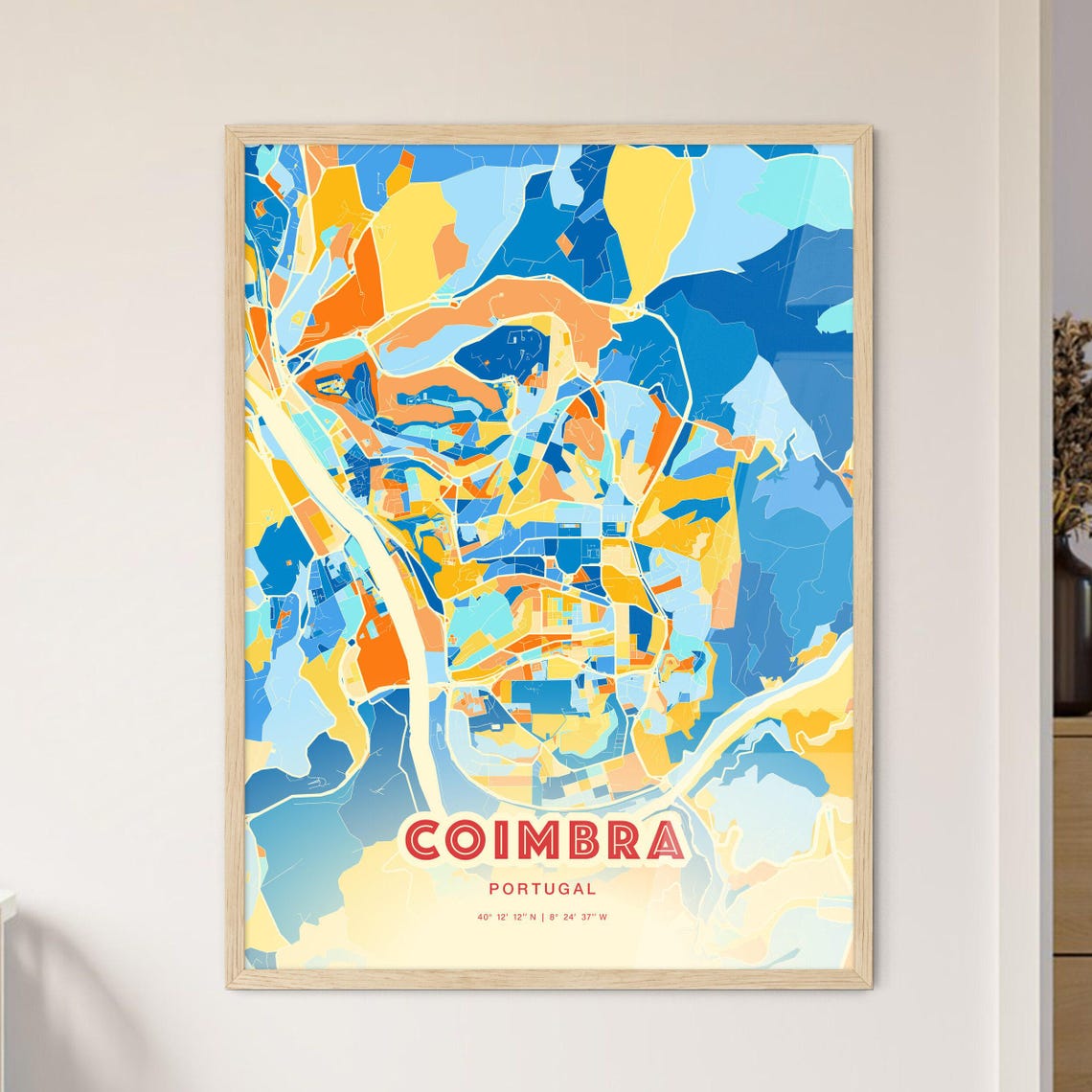 Coimbra Portugal Blue Orange Riverside Old Town Map Art Poster