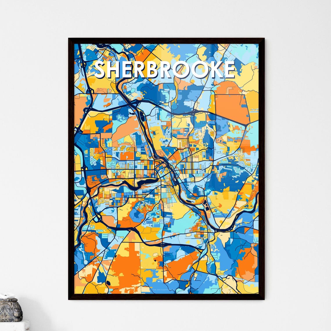 Sherbrooke Canada Bold City Map Art Poster in Navy Orange and Yellow
