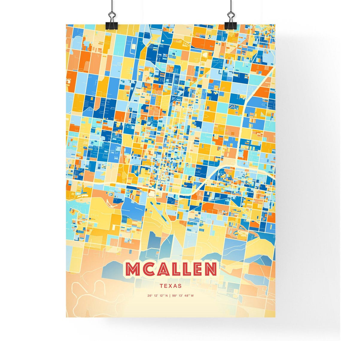 McAllen Texas Vibrant Colorful Art Map Poster Blue Orange Mosaic - Image 3