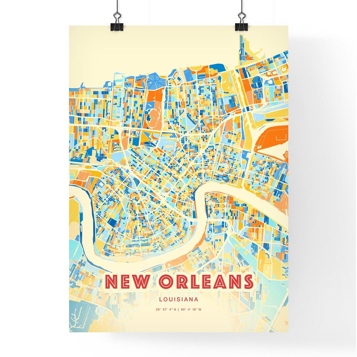 New Orleans Louisiana Vibrant Blue Orange City Map Art Poster - Image 3
