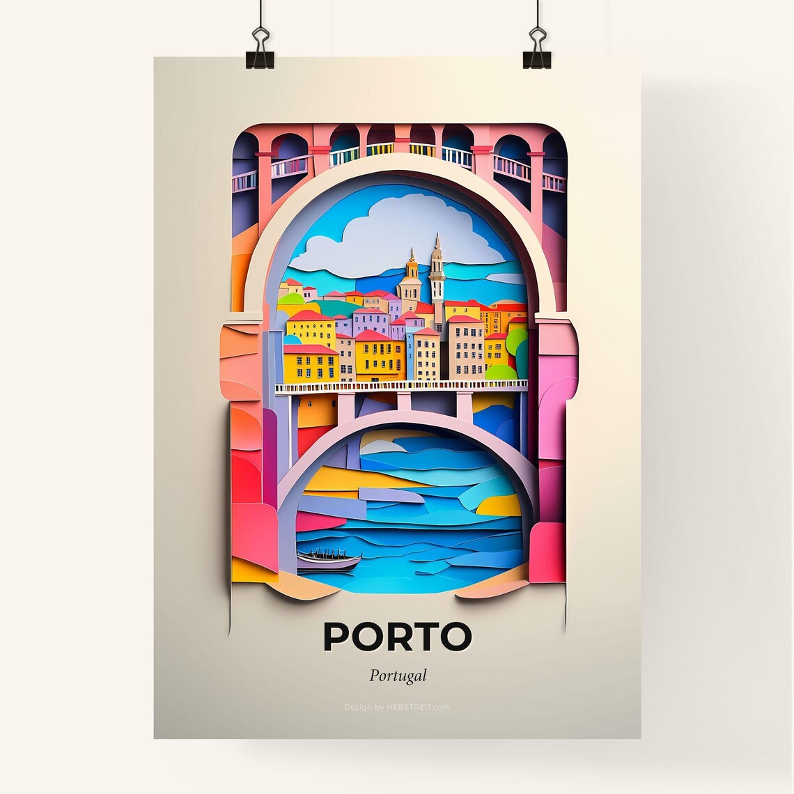 Porto Portugal Riverside Bridge Colorful Paper Cut Art Poster - Image 4