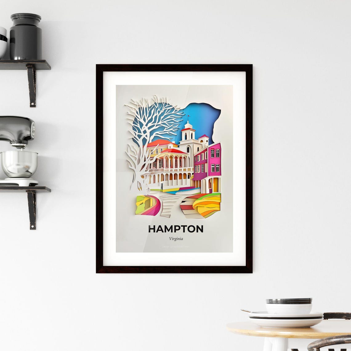 Hampton Virginia Colorful Paper Cut Church and White Tree Poster - Image 2