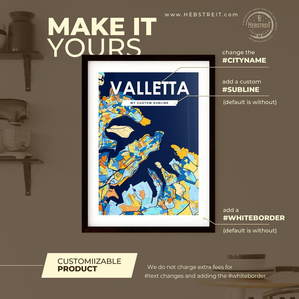 Valletta Malta Colorful Blue and Orange Coastal City Map Poster - Image 2