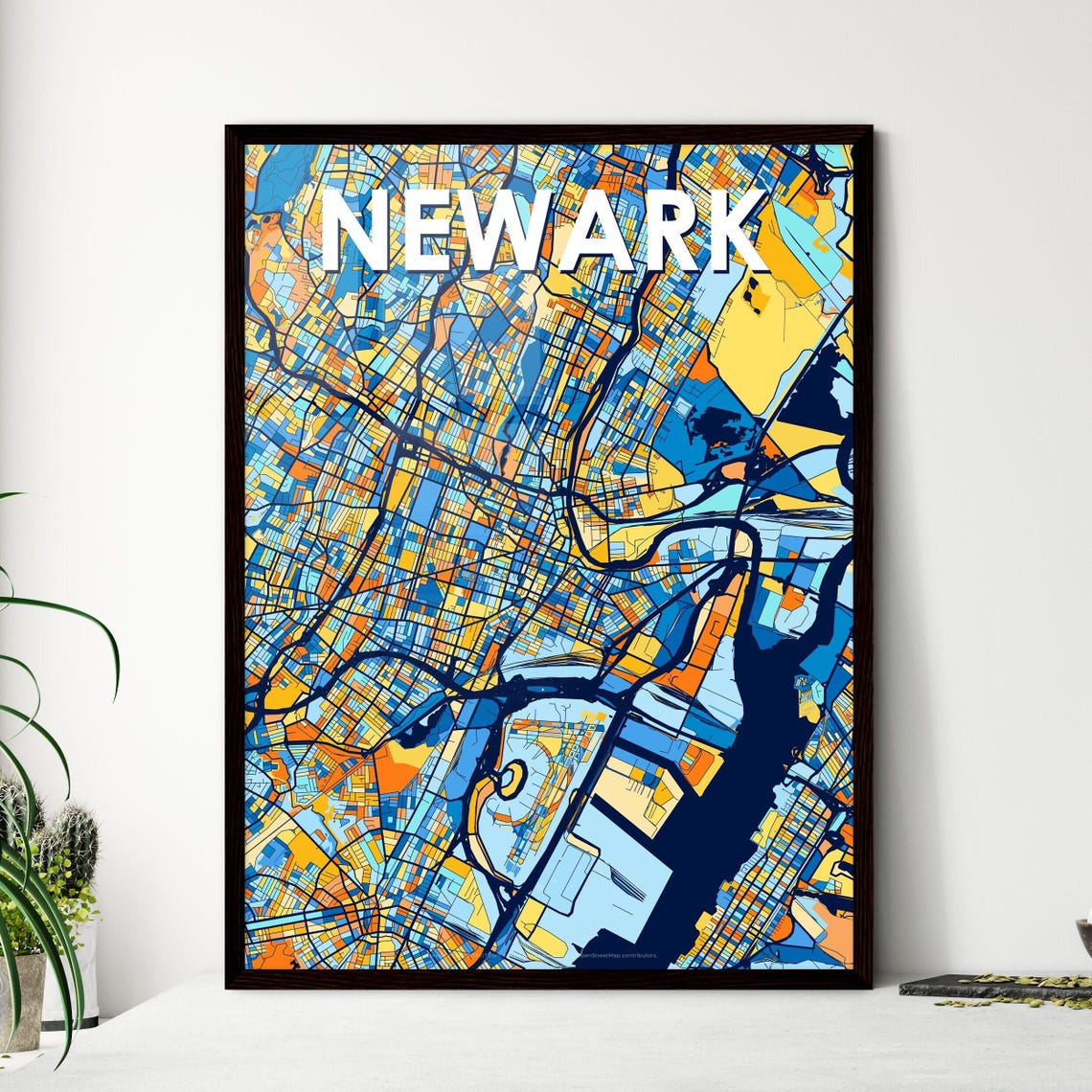 Newark New Jersey Vibrant Stylized Blue and Orange City Map Poster