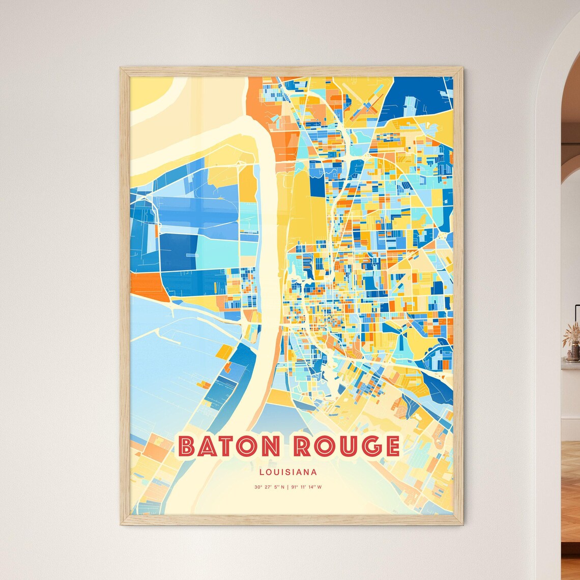 Baton Rouge Louisiana Colorful City Map Art Poster Blue Orange River Design