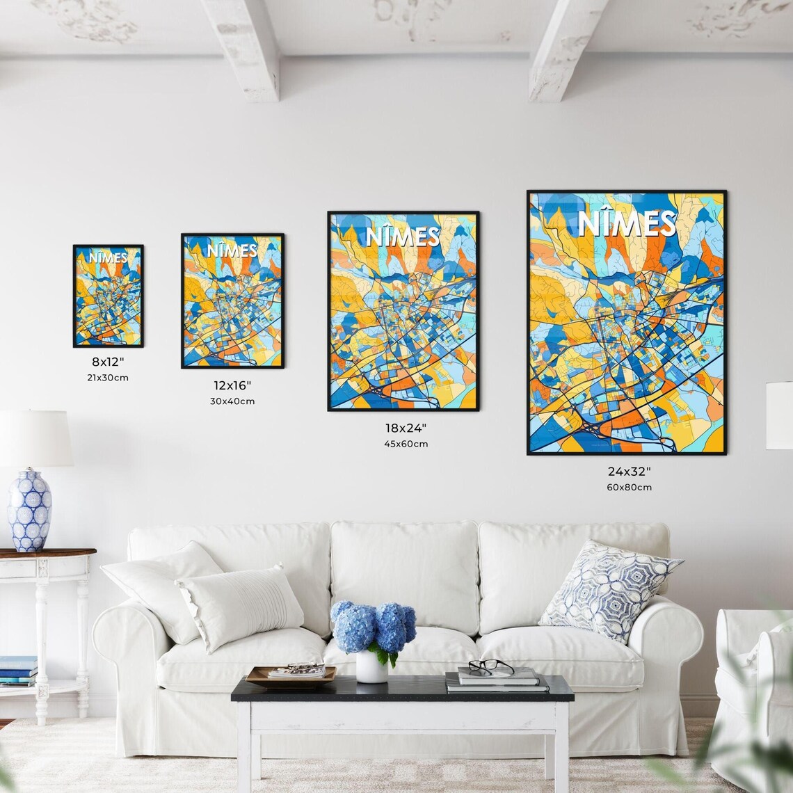 Nîmes France Colorful Blue Orange City Map Mosaic Art Poster - Image 3