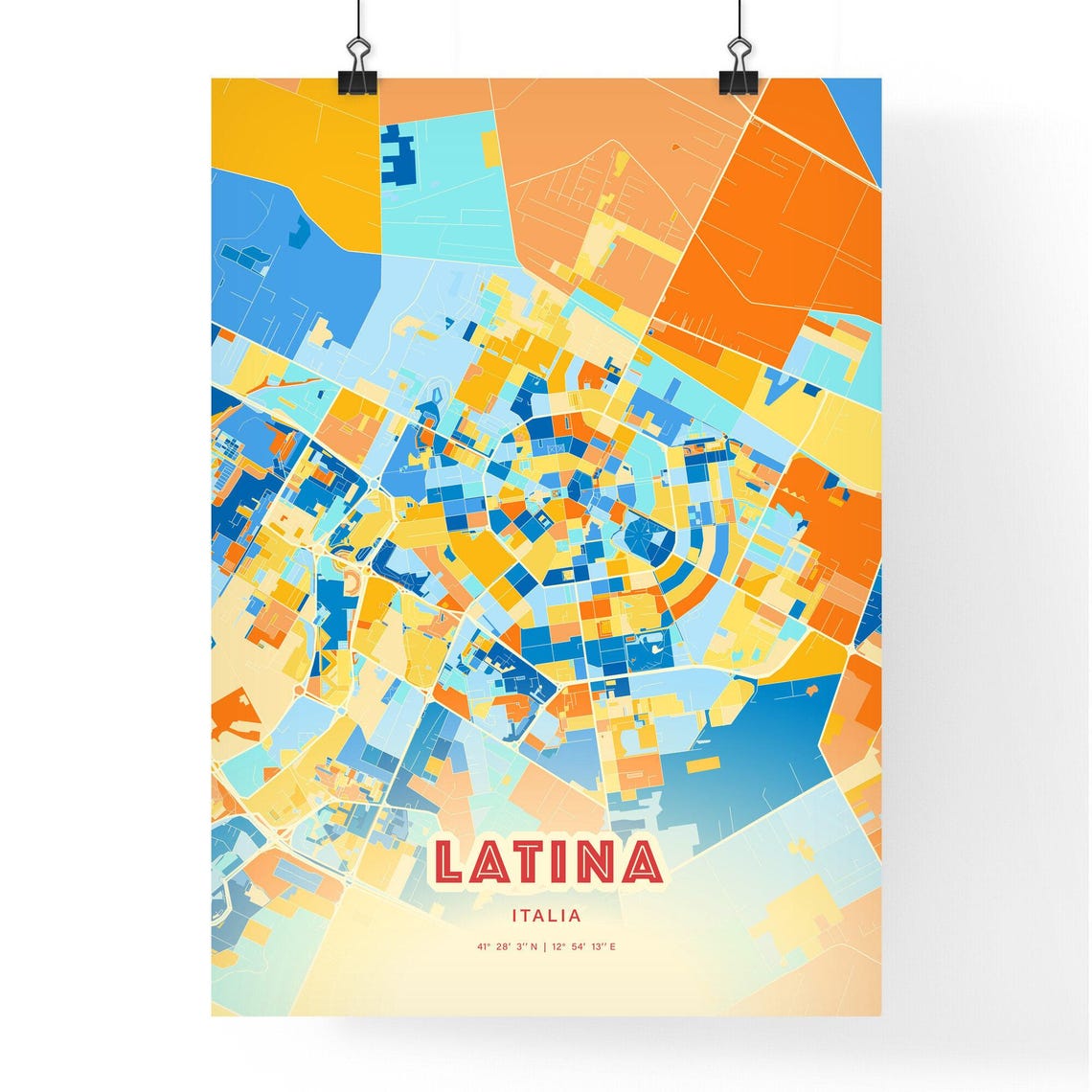 Latina Italy Bold Vibrant Blue Orange Mosaic City Map Poster - Image 3