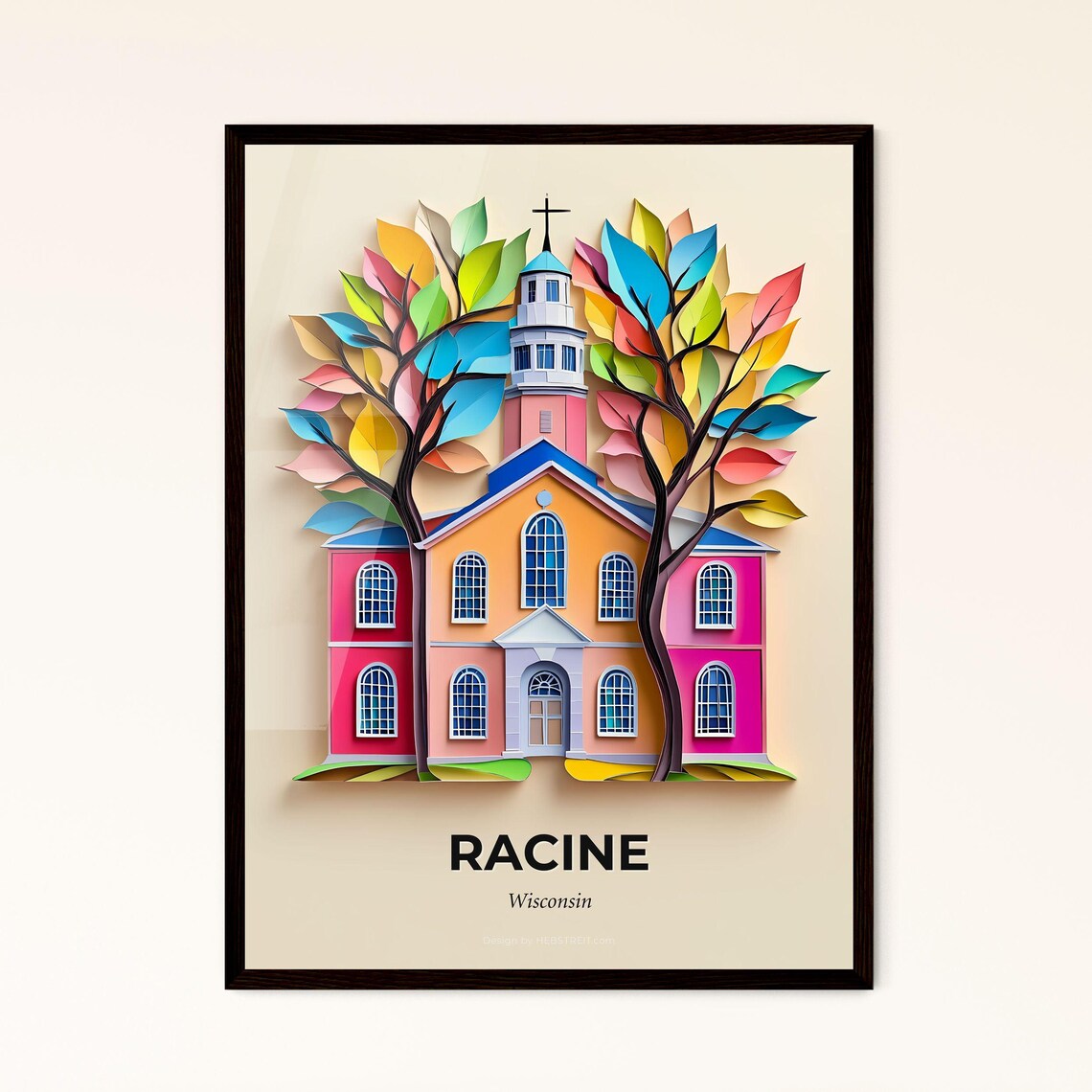 Racine Wisconsin Colorful Paper Cut Church Rainbow Trees Poster