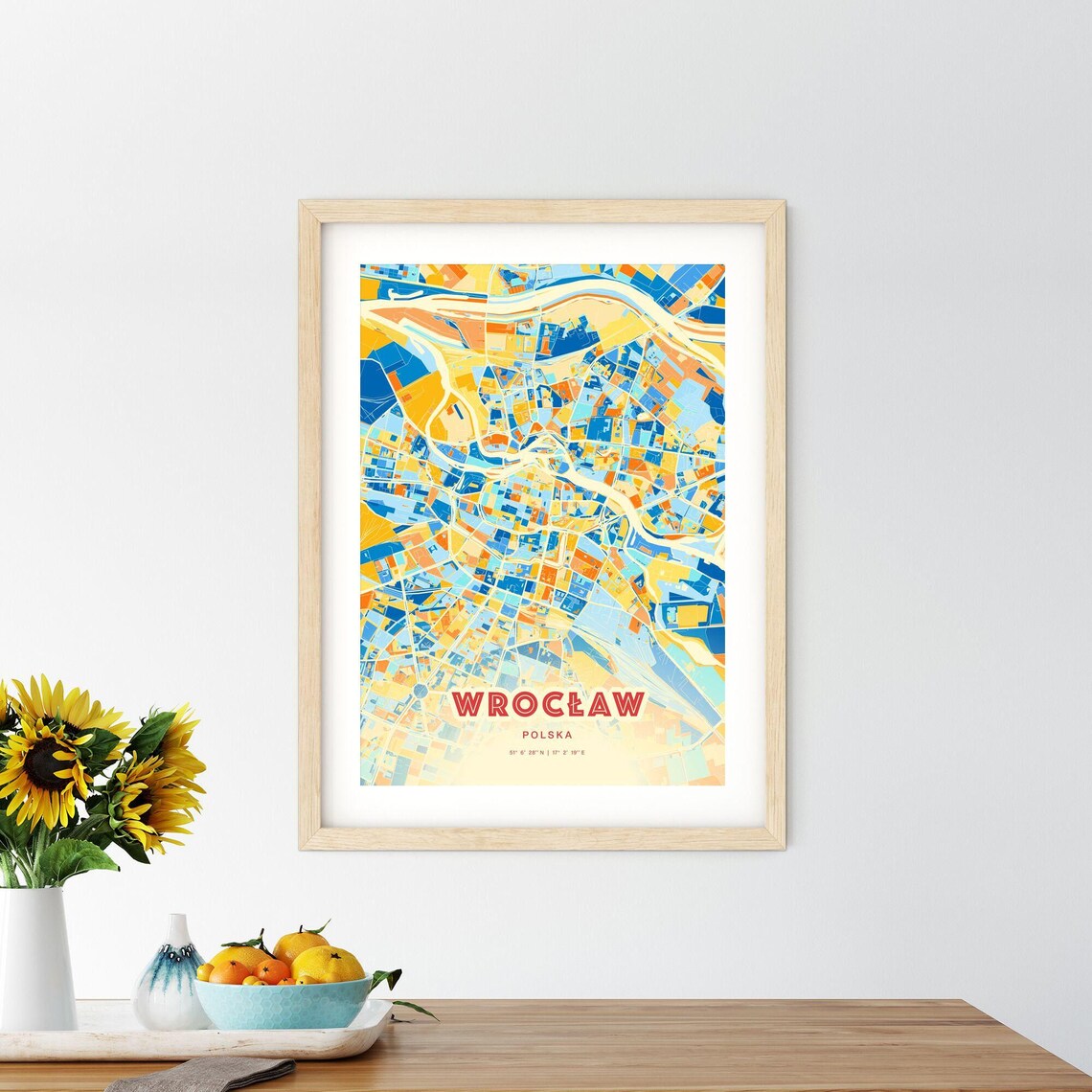Wroclaw Poland Blue Orange Colorful City Map Art Poster With Coordinates - Image 2