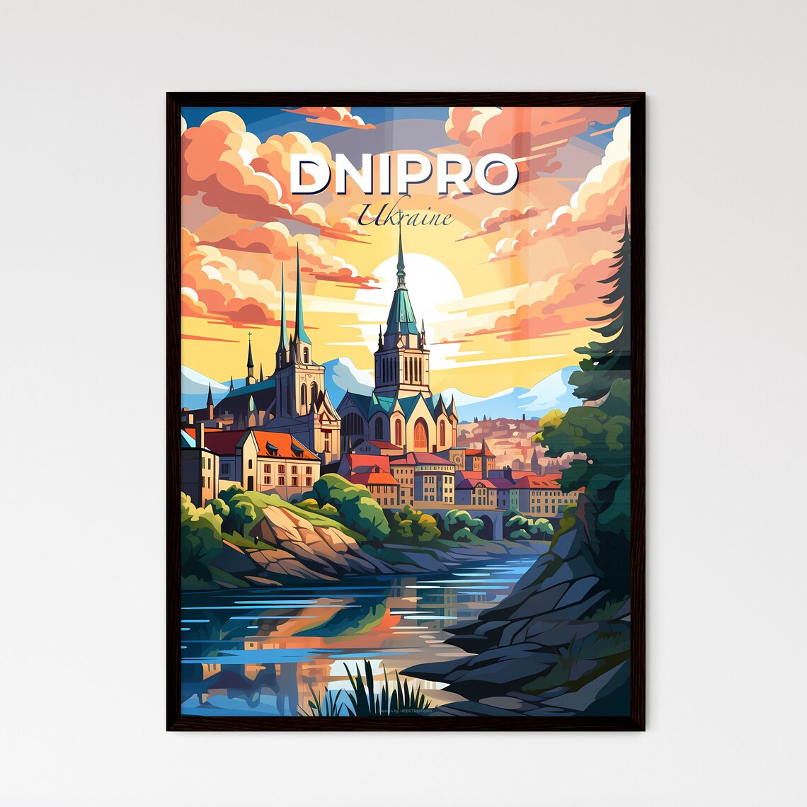 Dnipro Ukraine Cathedral Spires River Golden Sunset Skyline Poster