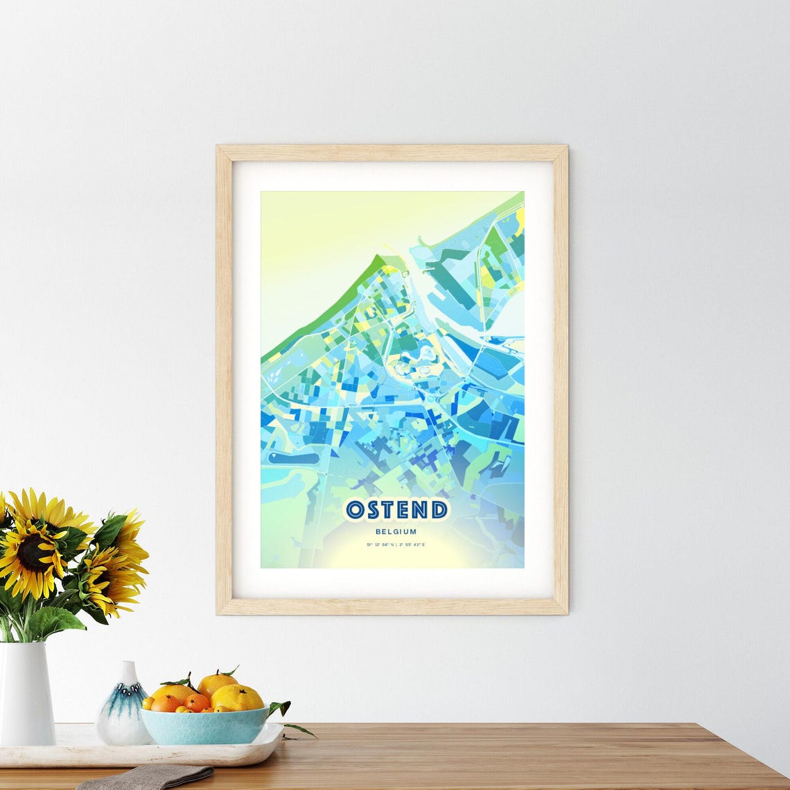 Ostend Belgium Personalized Bluish Art City Map Coordinates Poster - Image 3