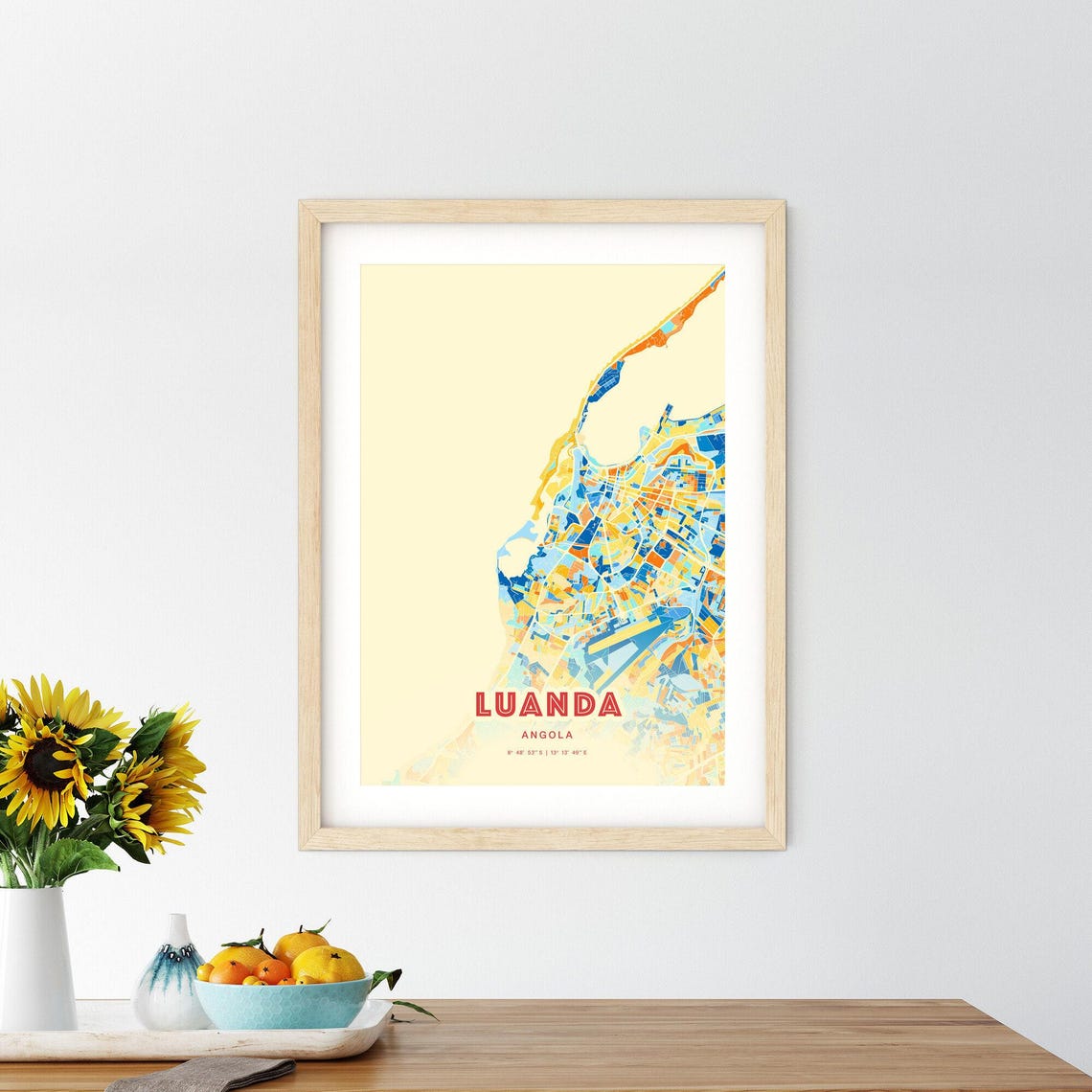 Luanda Angola Bold City Map Art Poster in Orange Blue and Cream - Image 2