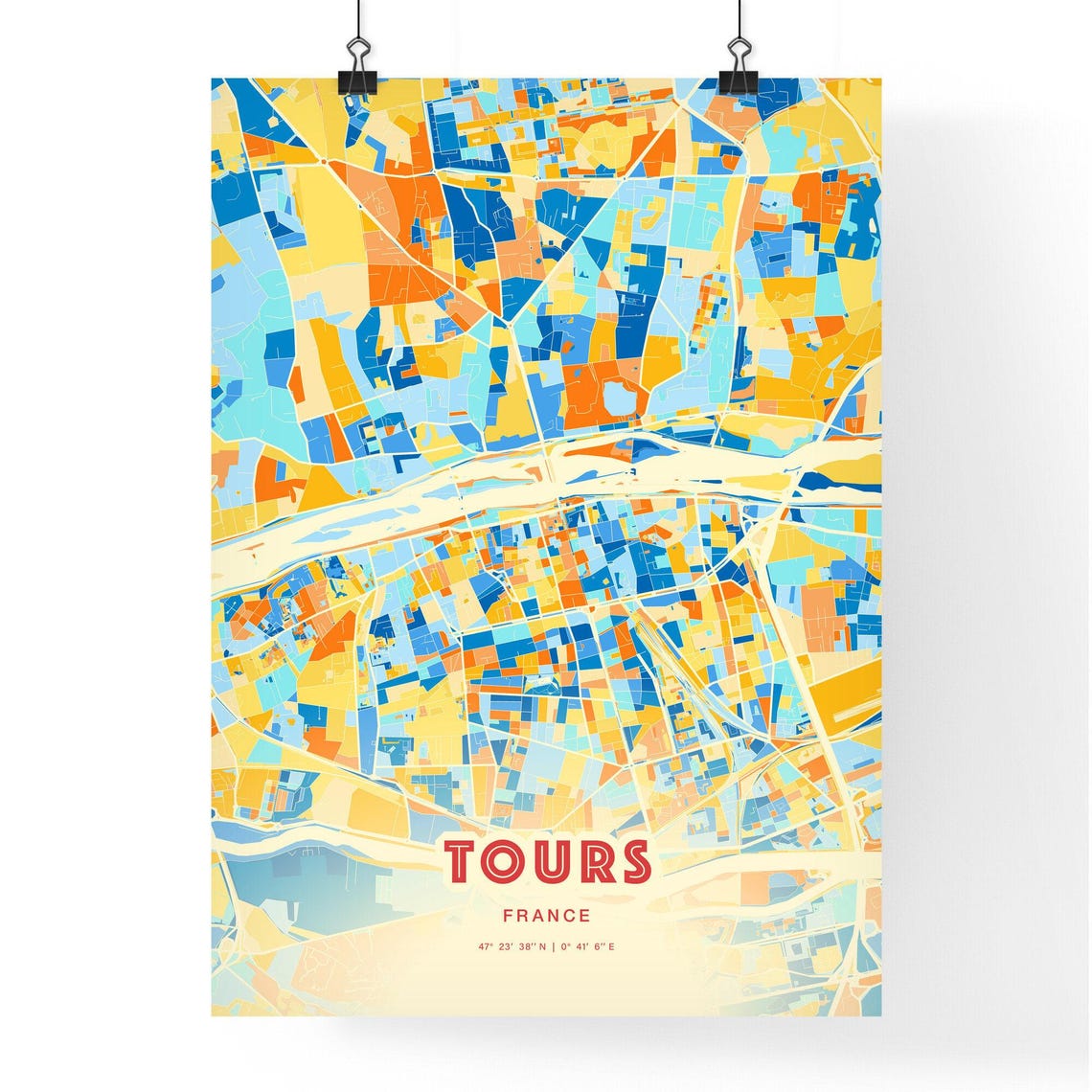 Tours France Colorful Blue Orange Map Art Poster Wall Decor Gift - Image 3