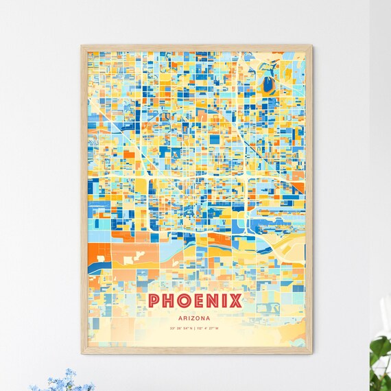 Phoenix Arizona Colorful Blue Orange City Street Map Coordinates Poster