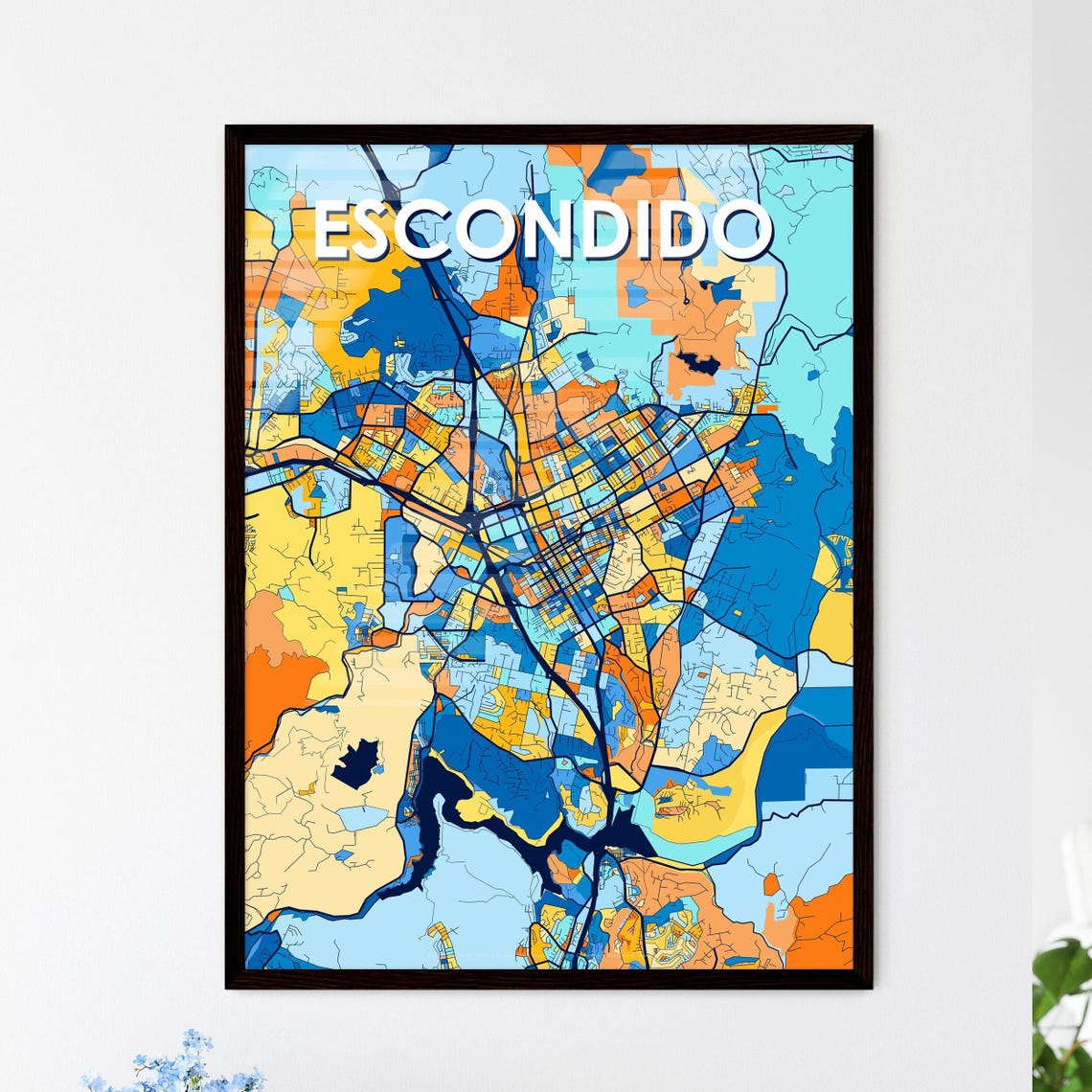 Escondido California Bold Blue and Orange City Map Decor Poster