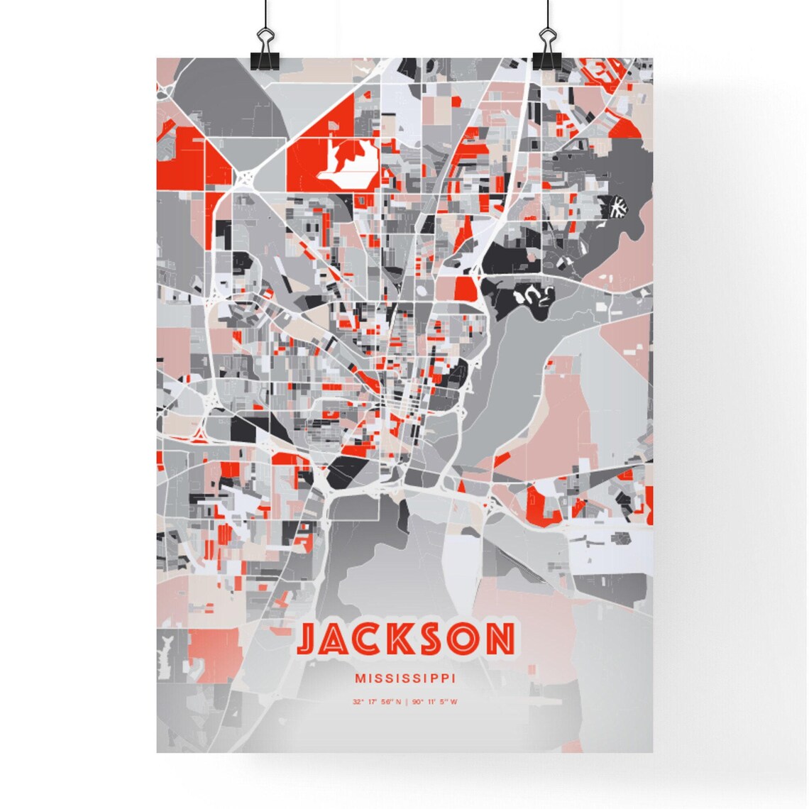 Jackson Mississippi Modern Red Expressive City Map Poster with Coordinates - Image 3