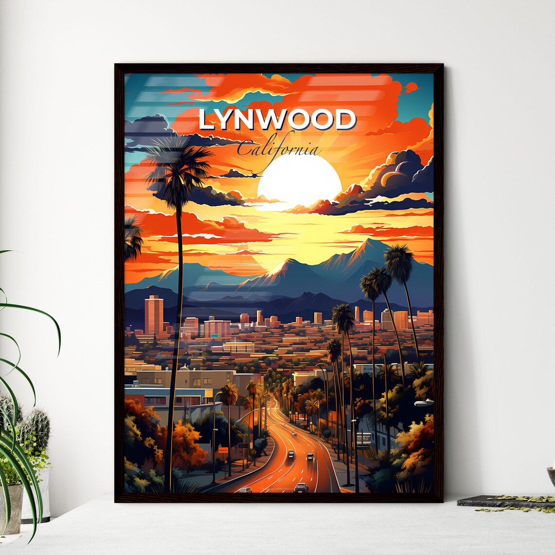 Lynwood California Sunset Skyline Palm Trees Winding Road Poster