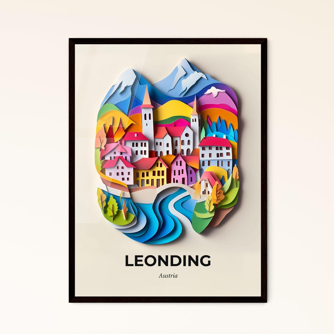 Leonding Austria Colorful Riverside Village 3D Paper Cut Art Poster