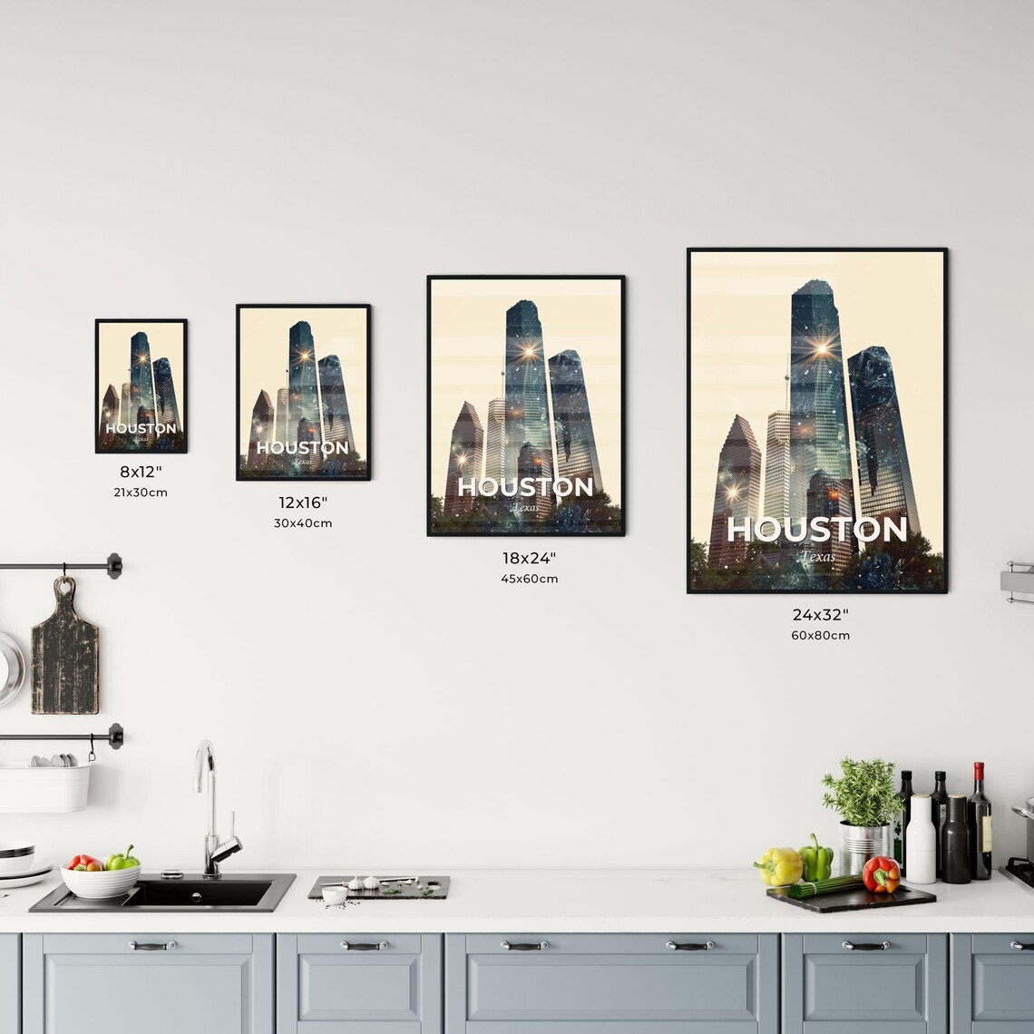 Houston Texas Downtown Skyscrapers Sunburst Skyline Art Poster - Image 3