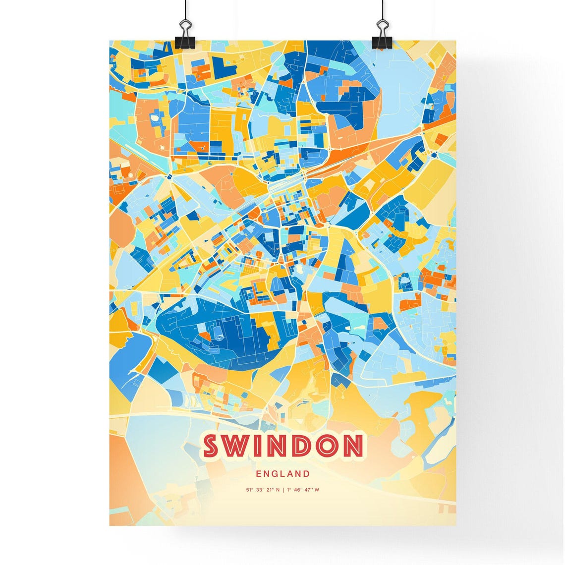 Swindon England Colorful Blue Orange Modern City Street Map Poster - Image 3